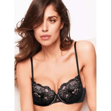 Back bra balconcino invisible padding lace fristaglio super comfort color black and cream Saten Nuvola - Lormar