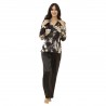 Women's pajamas open in satin color bloom and palm black D7704 - Kissimo