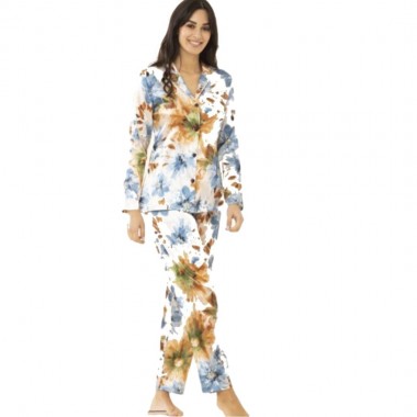 Women's pajamas open in satin color bloom und palm black D7704 - Kissimo