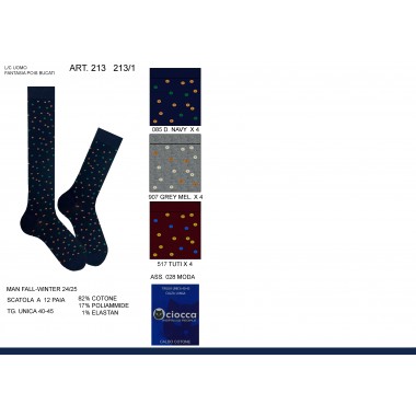 Pack of 12 pairs Men's Long Socks in Warm Cotton one size assorted colours art. 213 - CIOCCA